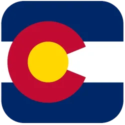 Colorado state flag icon featuring three horizontal stripes in blue and white with a red letter C containing a gold circle in the center