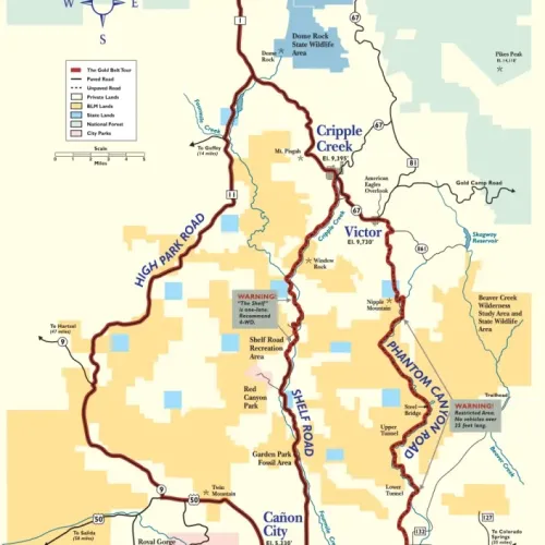 Detailed topographic map of Gold Belt Tour showing four scenic roads: High Park Road, Shelf Road, Phantom Canyon Road, and Teller County Road 1