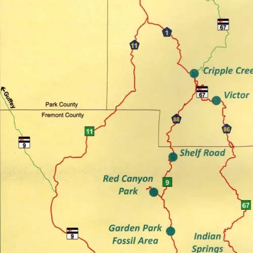 Map of Gold Belt Tour Scenic Byway showing the 131-mile route connecting Florissant, Cripple Creek, Victor, and Cañon City in Colorado